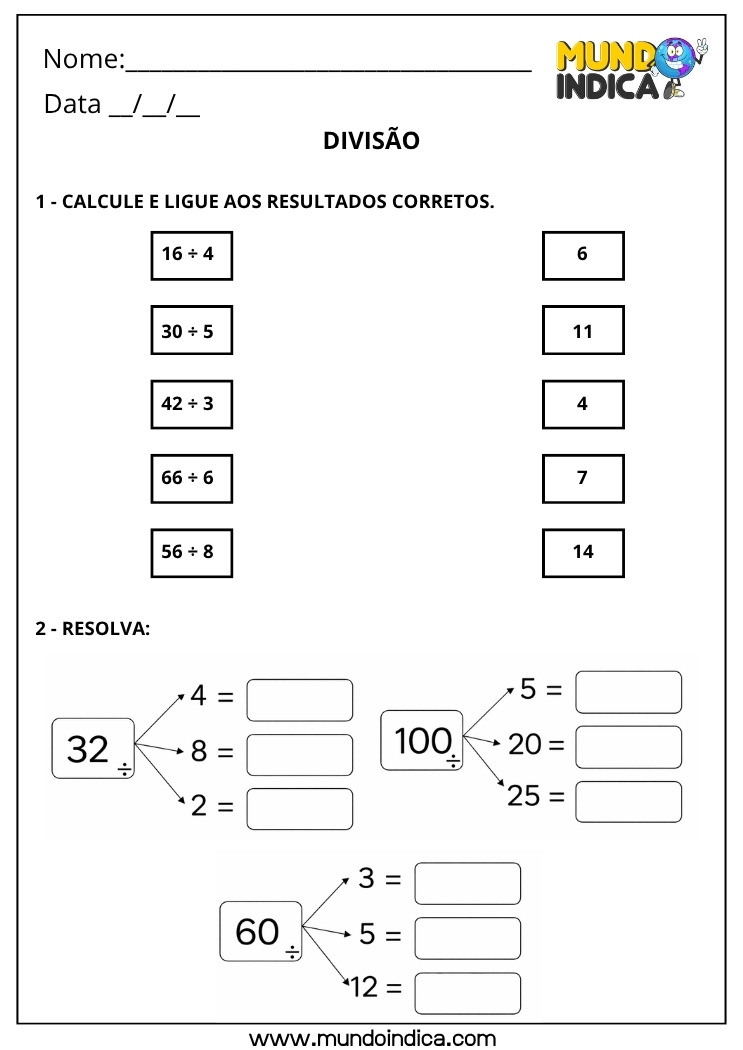 Atividade de Matemática 4º Ano com Contas de Divisão para Imprimir