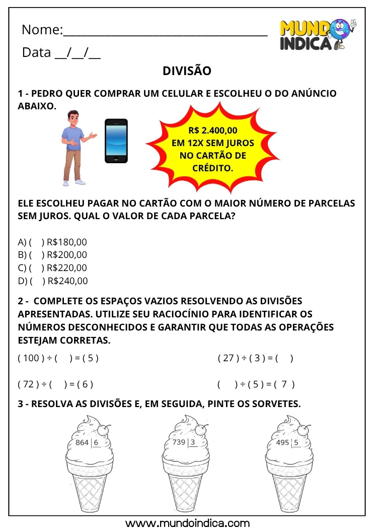 Atividade de Matemática 4º Ano com Divisão para Imprimir Parcelamento, Cálculos e Problemas (BNCC)