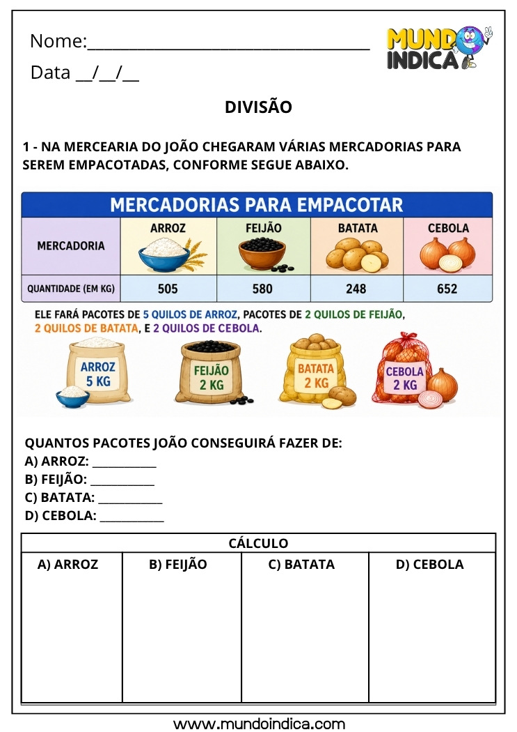 Atividade de Matemática 4º Ano com Divisão para Imprimir Problemas com Medidas e Agrupamentos (BNCC)
