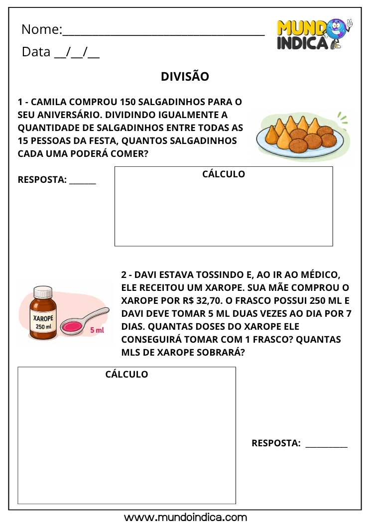 Atividade de Matemática 4º Ano com Divisão para Imprimir Problemas do Cotidiano (BNCC)