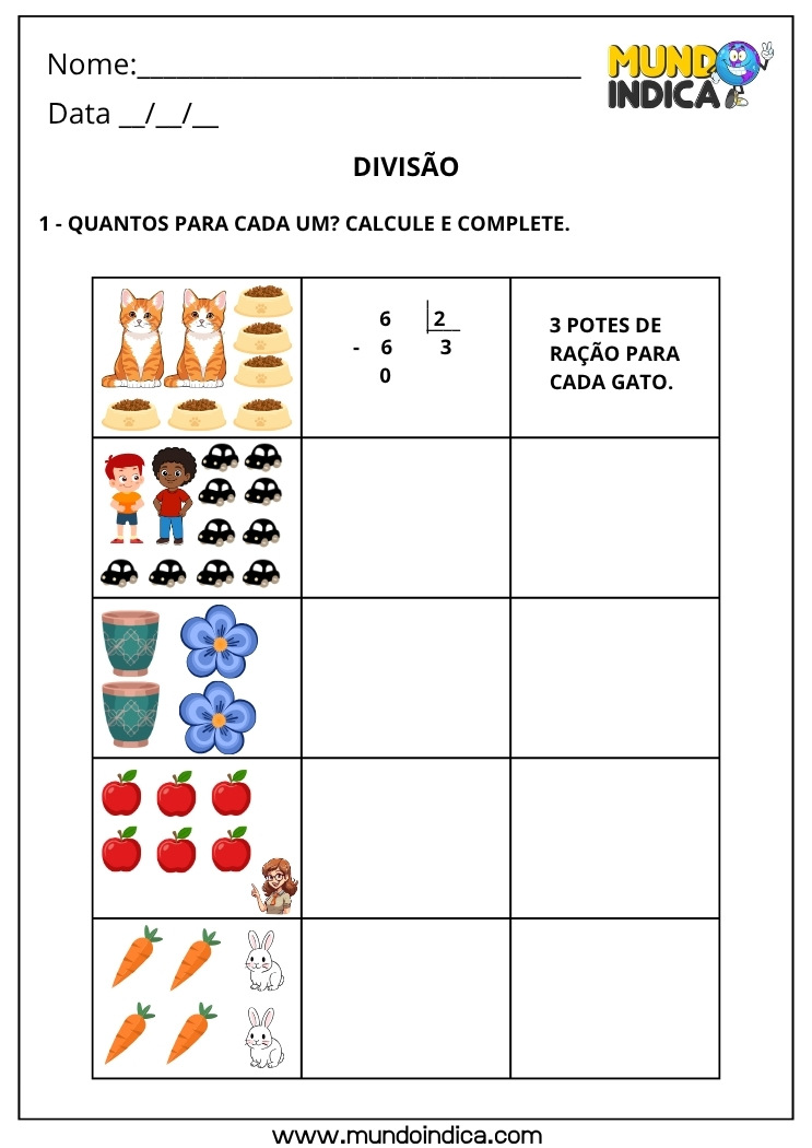 Atividade de Matemática 4º Ano com Divisão para Imprimir Repartição em Partes Iguais (BNCC)