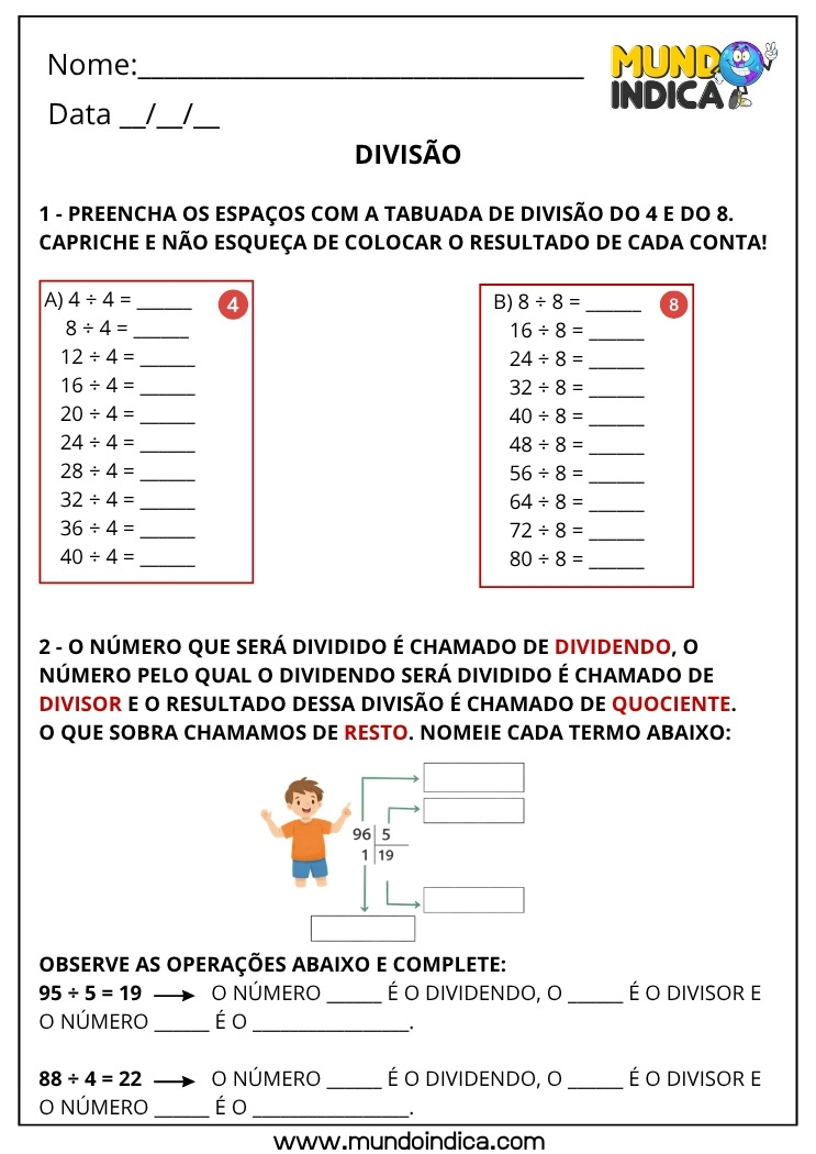 Atividade de Matemática 4º Ano com Divisão para Imprimir Tabuada, Conceitos e Cálculos (BNCC)