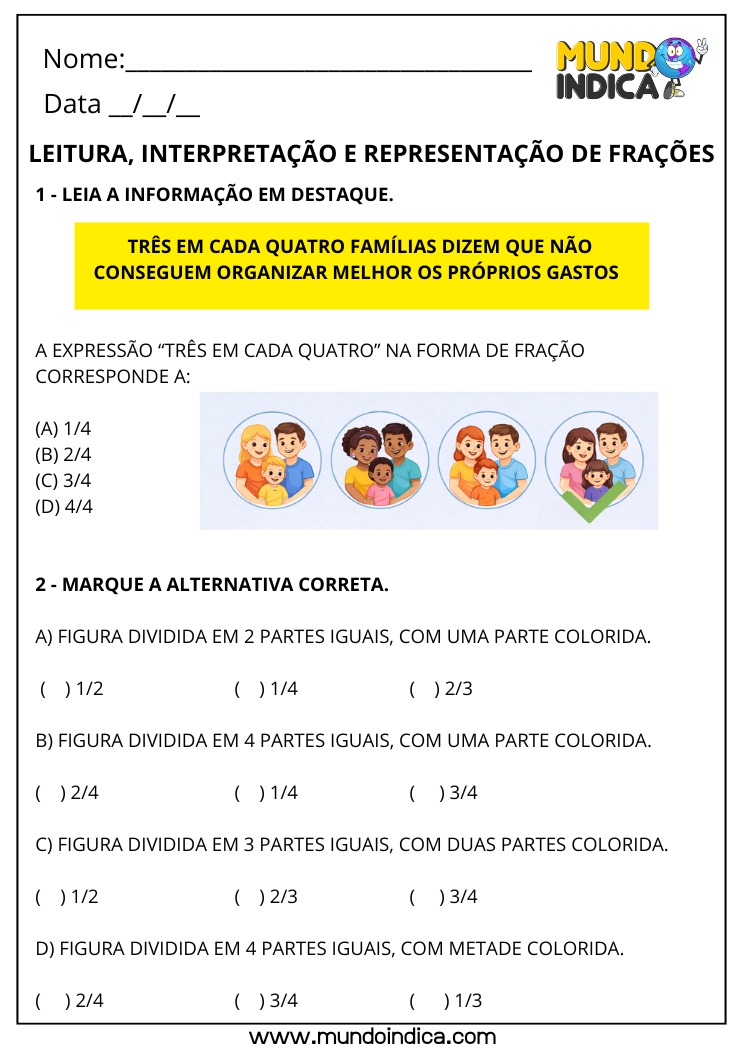 Atividade de Matemática 4º Ano com Frações para Imprimir - Interpretação e Representação de Frações