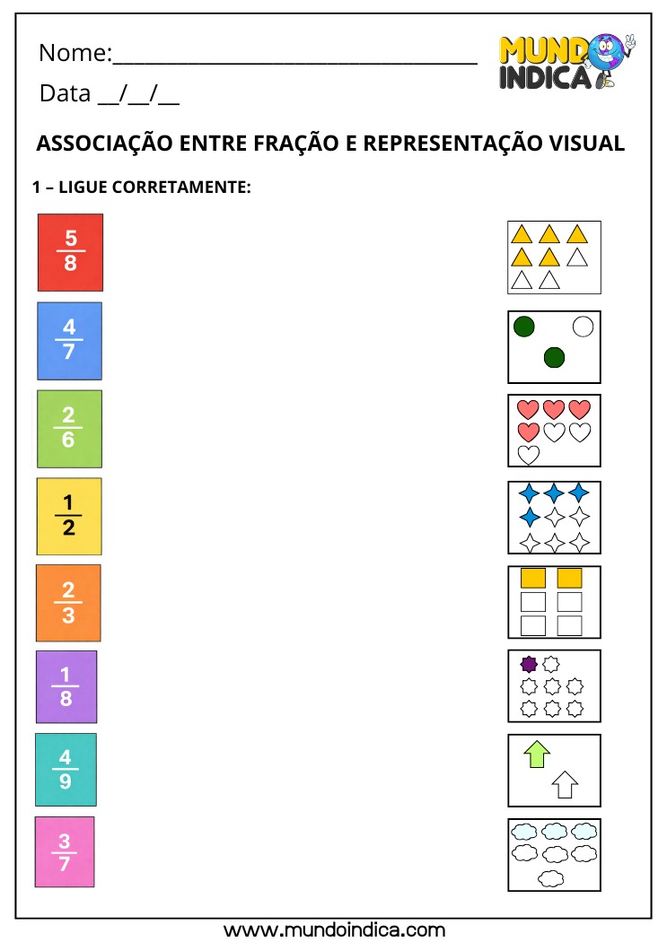 Atividade de Matemática 4º Ano com Frações para Imprimir - Ligue as Frações às Representações Visuais