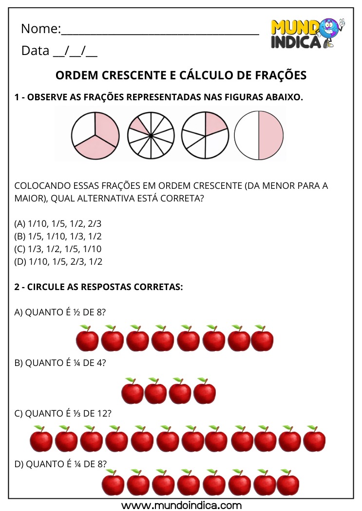 Atividade de Matemática 4º Ano com Frações para Imprimir - Ordem Crescente e Cálculo de Frações