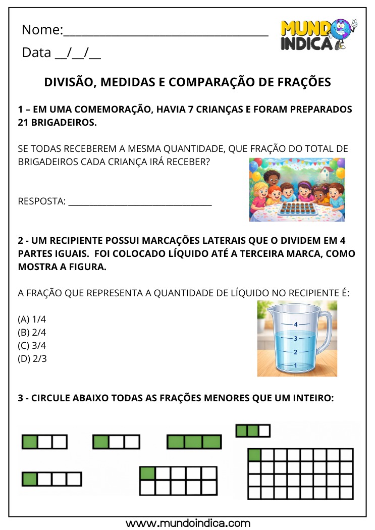 Atividade de Matemática 4º Ano com Frações para Imprimir - Partilha, Representação e Frações Menores que 1