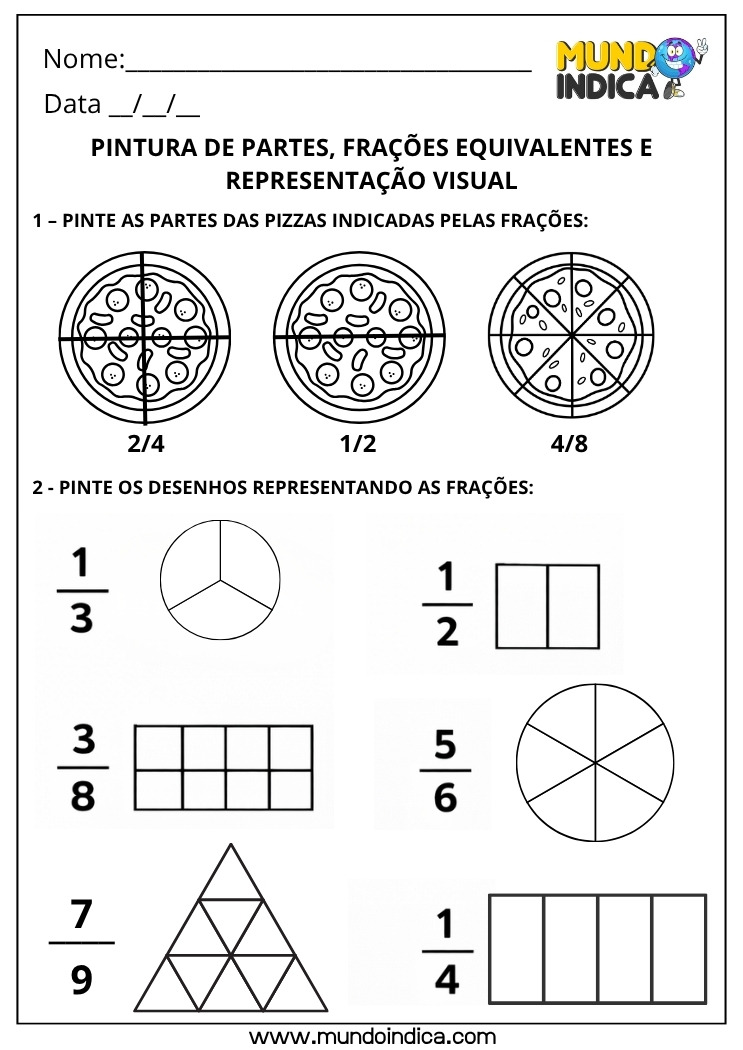 Atividade de Matemática 4º Ano com Frações para Imprimir - Pinte as Frações e Represente as Partes