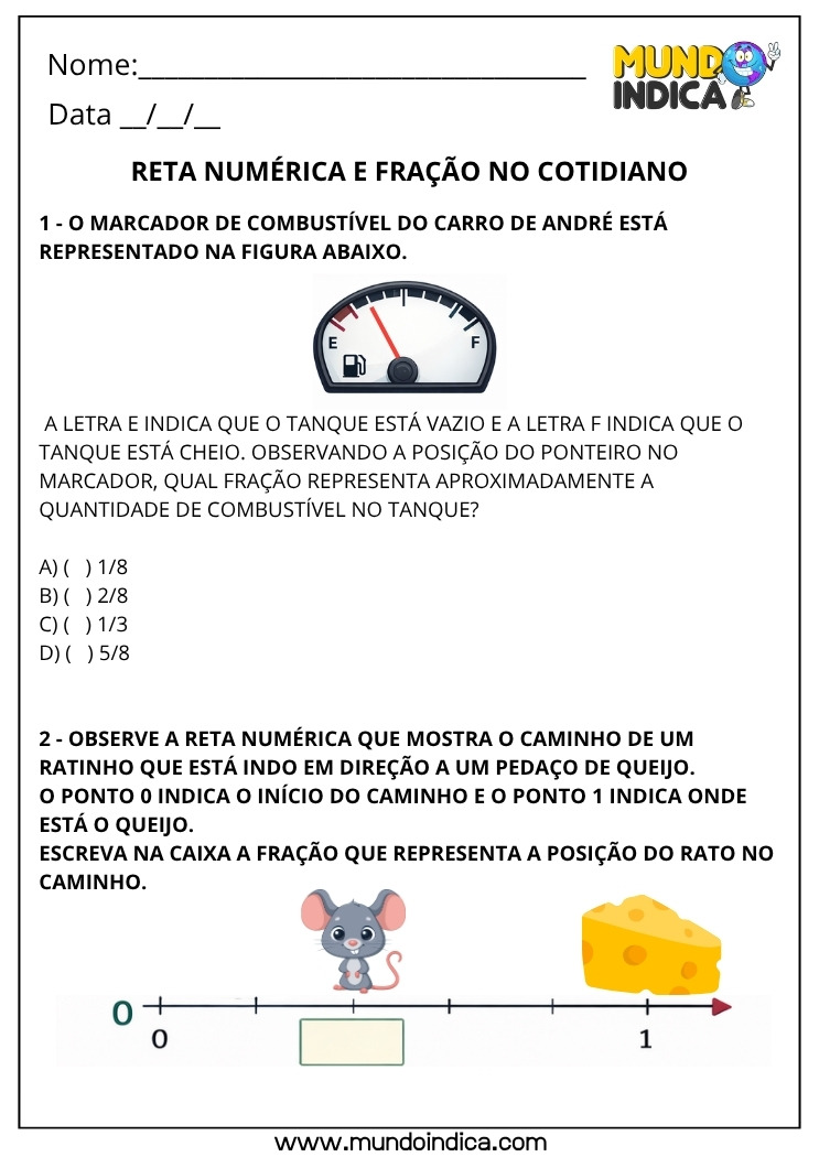 Atividade de Matemática 4º Ano com Frações para Imprimir - Reta Numérica e Fração no Cotidiano