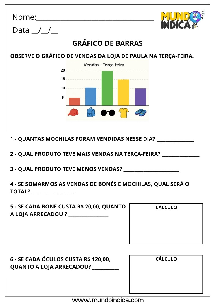 Atividade de Matemática 4º Ano com Gráfico de Barras e Interpretação de Dados para Imprimir