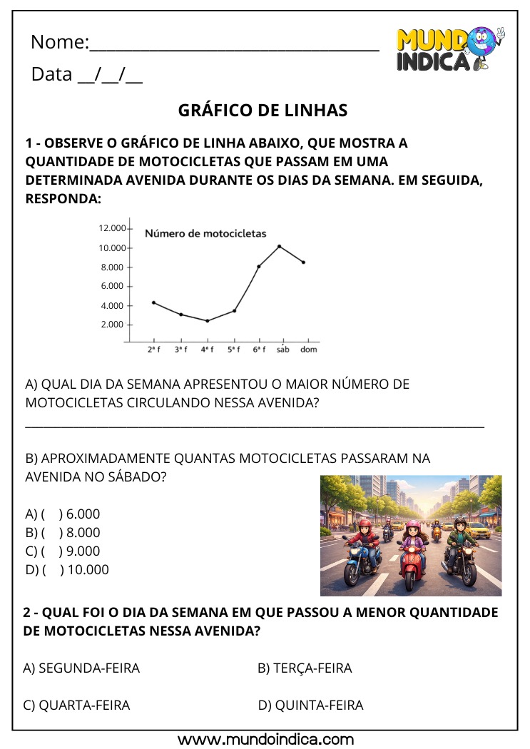 Atividade de Matemática 4º Ano com Gráfico de Linhas e Interpretação de Dados para Imprimir