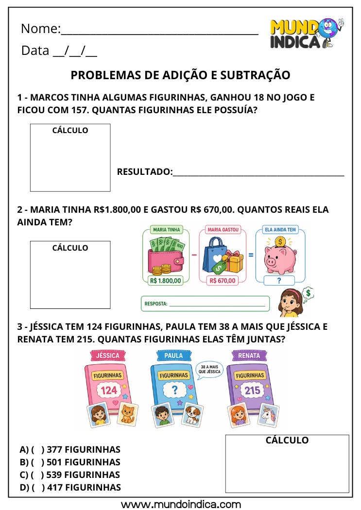 Atividade de Matemática 4º Ano com Problemas de Adição e Subtração
