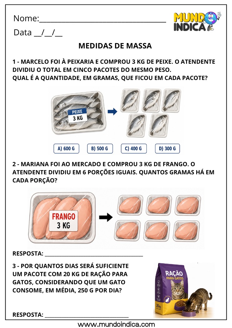 Atividade de Matemática 4º Ano com Problemas de Medidas de Massa Envolvendo Divisão em Gramas e Quilogramas no Cotidiano
