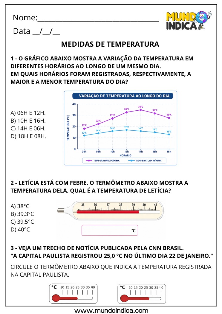 Atividade de Matemática 4º Ano com Temperatura, Variação e Leitura de Termômetro