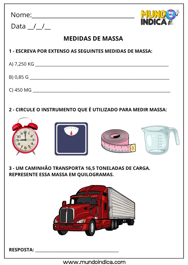Atividade de Matemática 4º Ano sobre Medidas de Massa com Escrita por Extenso e Conversão de Toneladas para Quilogramas