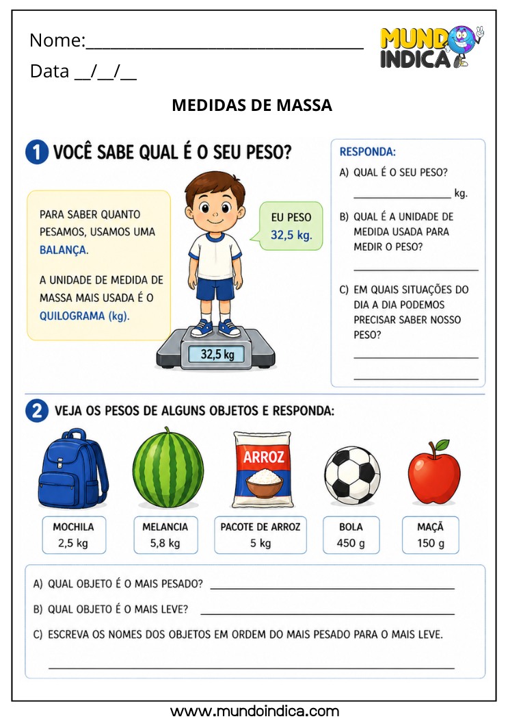 Atividade de Matemática 4º Ano sobre Medidas de Massa com Quilograma e Grama Usando Balança e Comparação de Objetos do Cotidiano