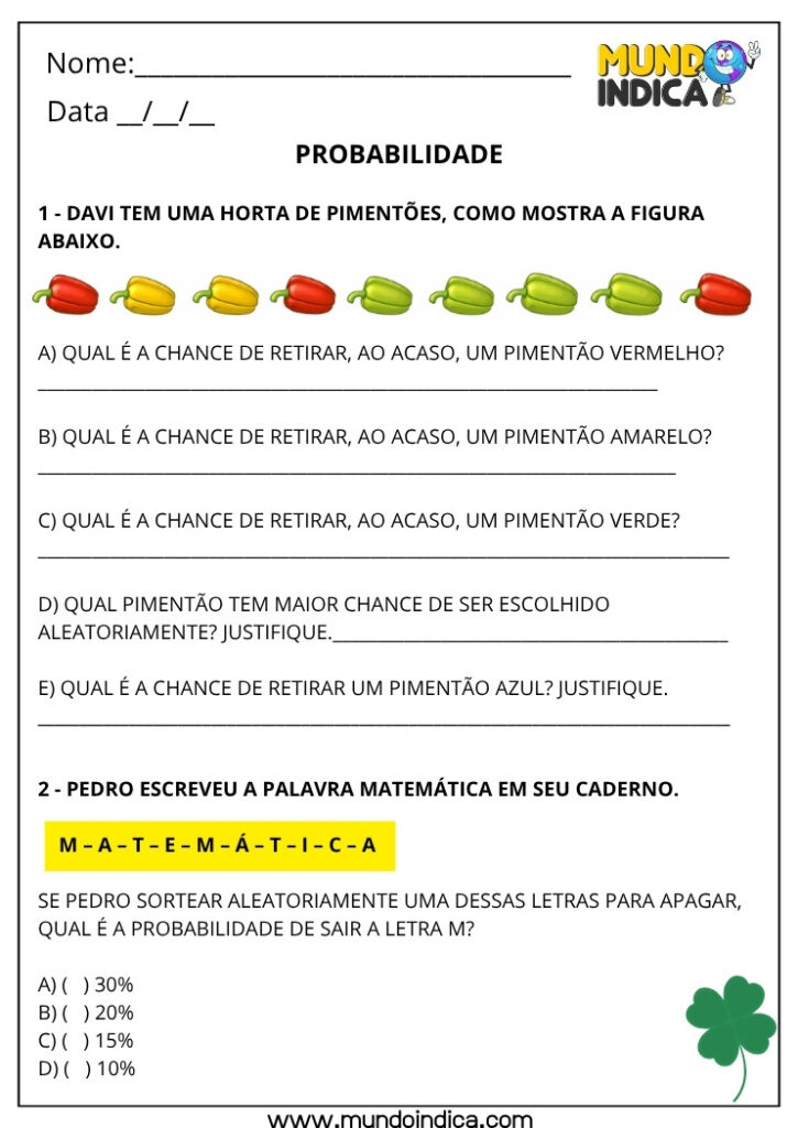Atividades de Matemática 4º Ano sobre Probabilidade para Imprimir