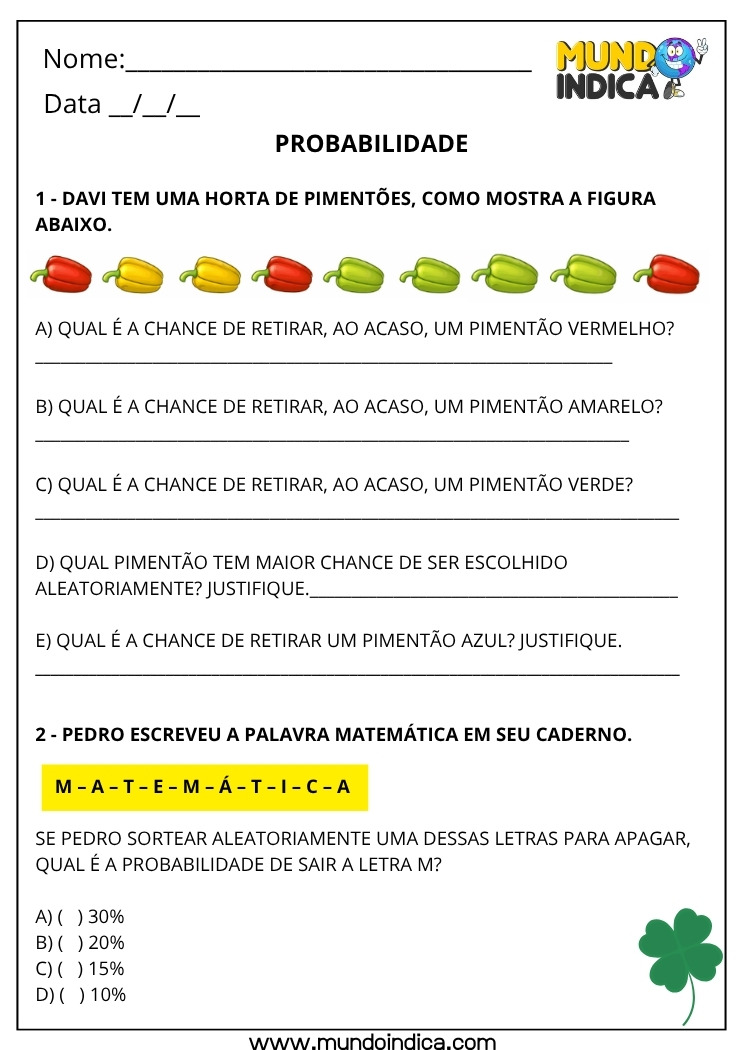 Atividade de Matemática 4º Ano sobre Probabilidade Análise de Chances de Eventos Aleatórios para Imprimir