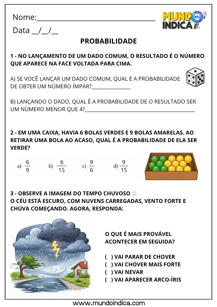 Atividade de Matemática 4º Ano sobre Probabilidade com Dado, Eventos Aleatórios e Situações do Cotidiano Tempo para Imprimir