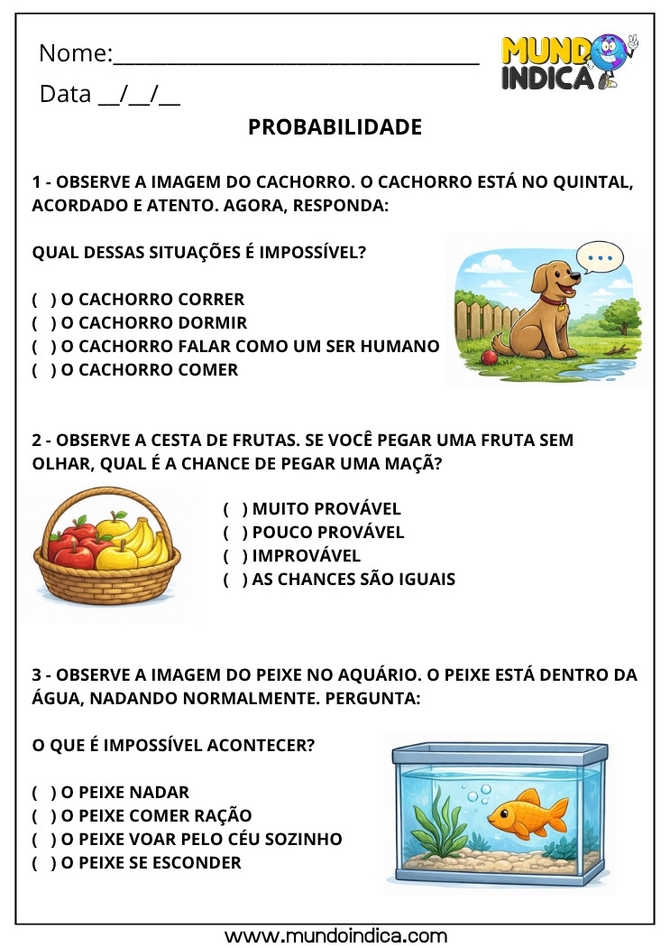 Atividade de Matemática 4º Ano sobre Probabilidade e Análise de Chances de Eventos Aleatórios