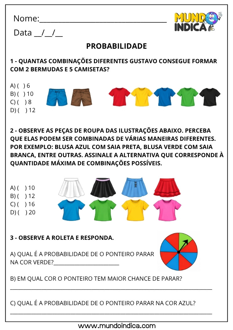 Atividade de Matemática 4º Ano sobre Probabilidade e Possíveis Combinações de Roupas para Imprimir