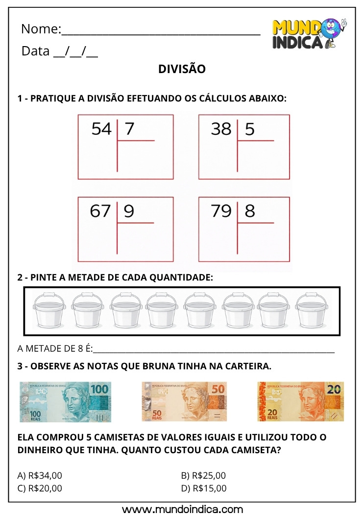 Atividade de Matemática 4º Ano – Divisão com Cálculos, Repartição e Problemas com Dinheiro (BNCC)