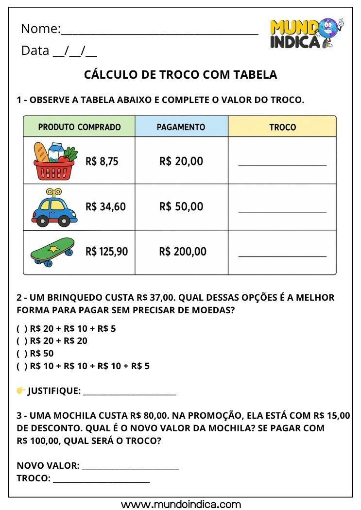 Atividade de Matemática 4º ano Cálculo de Troco com Tabela Sistema Monetário Brasileiro Produtos, Preços e Pagamento para imprimir