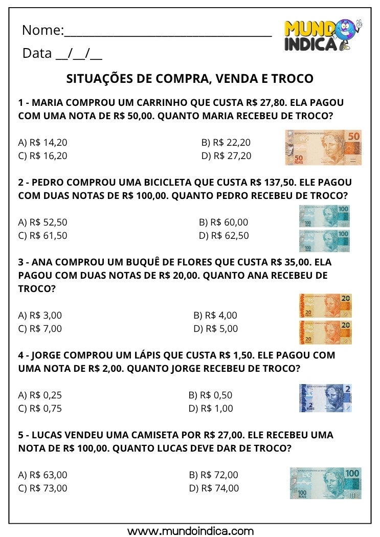 Atividade de Matemática 4º ano Problemas de Compra, Venda e Troco Sistema Monetário Brasileiro para imprimir