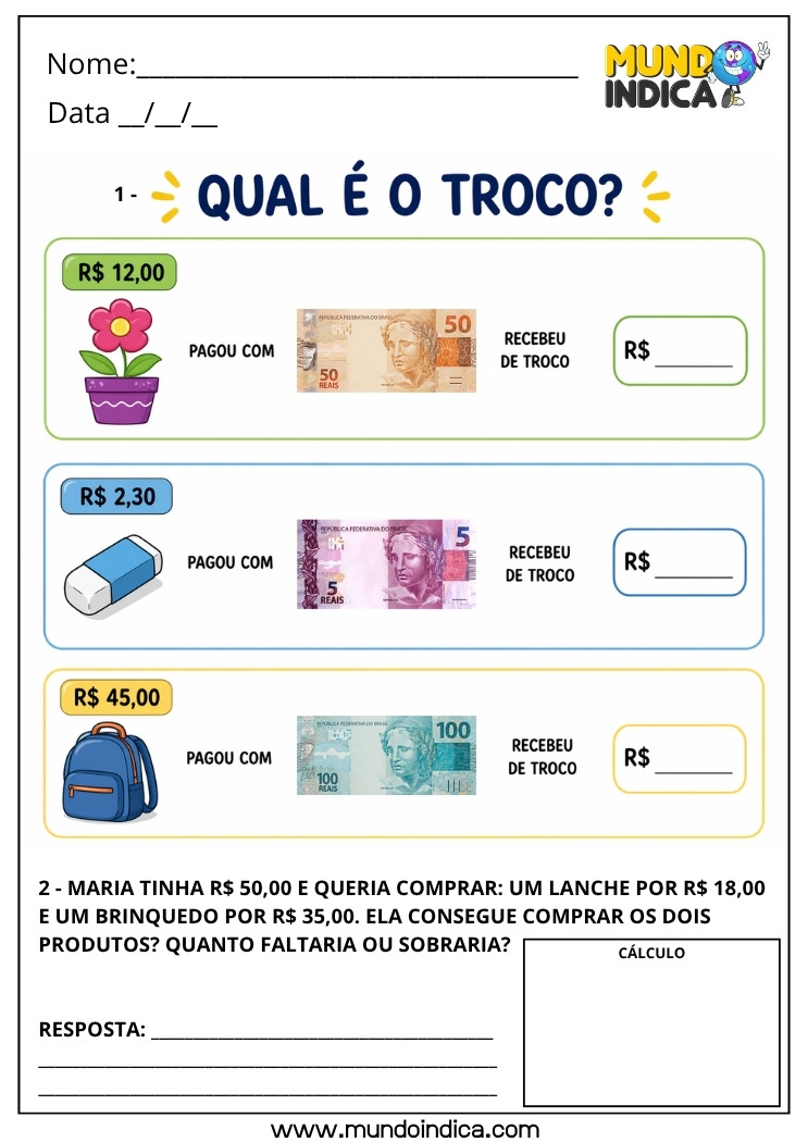 Atividade de Matemática 4º ano Qual é o Troco Sistema Monetário Brasileiro com Situações do Cotidiano para imprimir