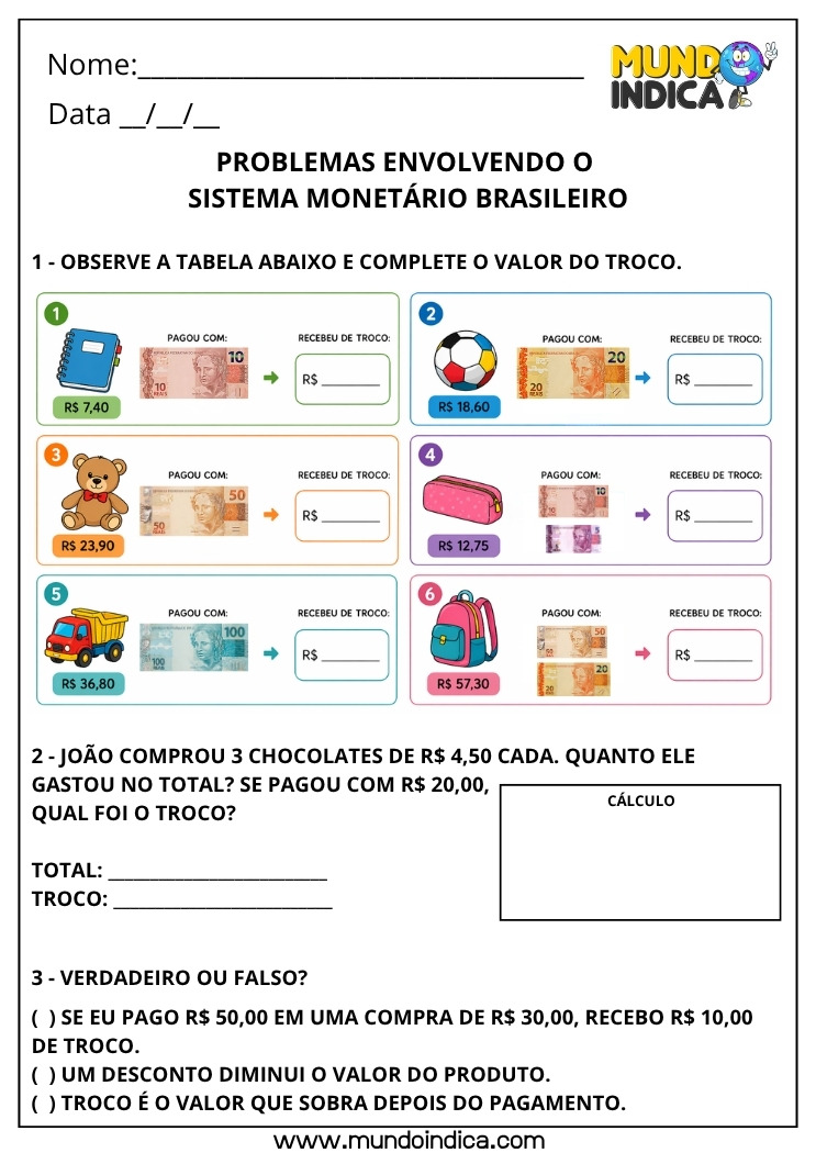 Atividade de Matemática 4º ano Sistema Monetário Brasileiro Problemas com Troco e Cálculo de Compras para imprimir