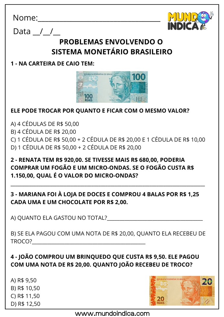 Atividade de Matemática 4º ano Sistema Monetário Brasileiro Troca de Cédulas e Resolução de Problemas com Dinheiro para imprimir