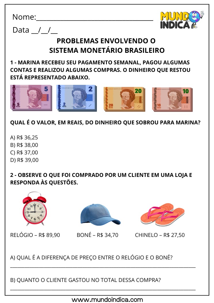 Atividade de Matemática 4º ano Sistema Monetário Brasileiro com Cédulas Cálculo de Dinheiro e Interpretação de Valores para imprimir