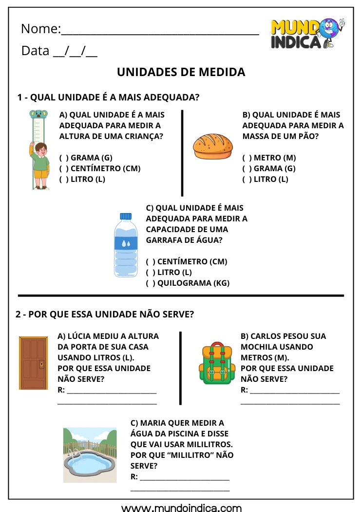 Atividade de Matemática para o 3º ano sobre Unidades de Medida Mais Adequada e Por Que a Unidade Não Serve