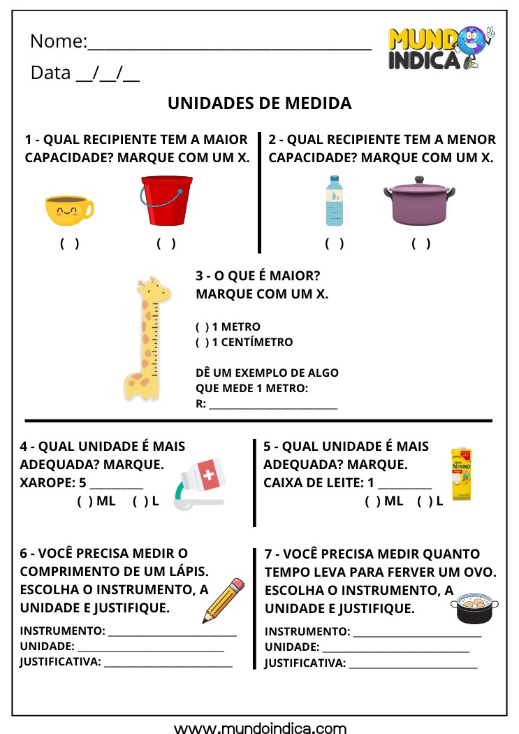 Atividade de Matemática para o 3º ano sobre Unidades de Medida com Maior e Menor Capacidade, Mais Adequada, Instrumento, Unidade e Justificativa