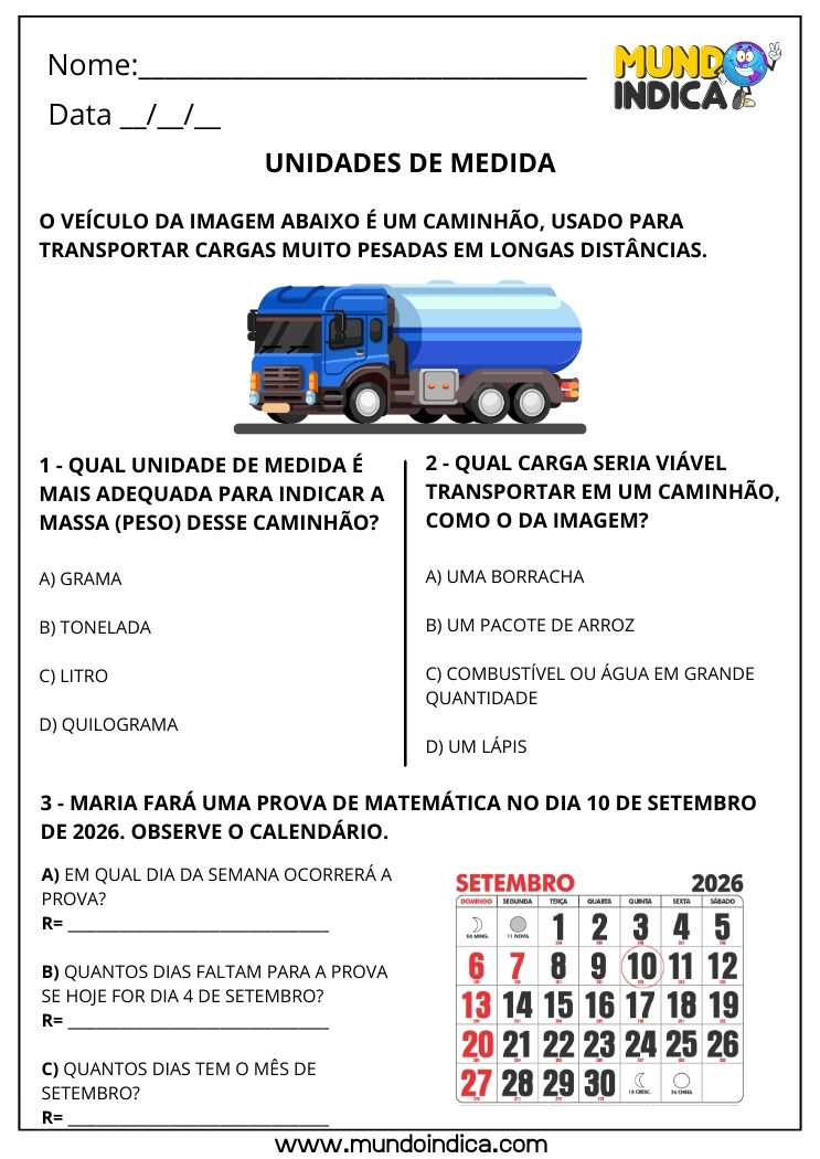 Atividade de Matemática para o 3º ano sobre Unidades de Medida de Massa Tonelada e Tempo com Calendário