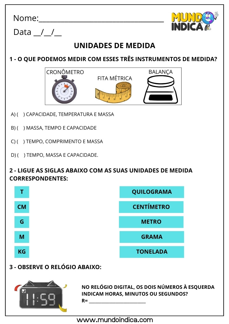 Atividade de Matemática para o 3º ano sobre Unidades de Medida de Tempo, Comprimento e Massa
