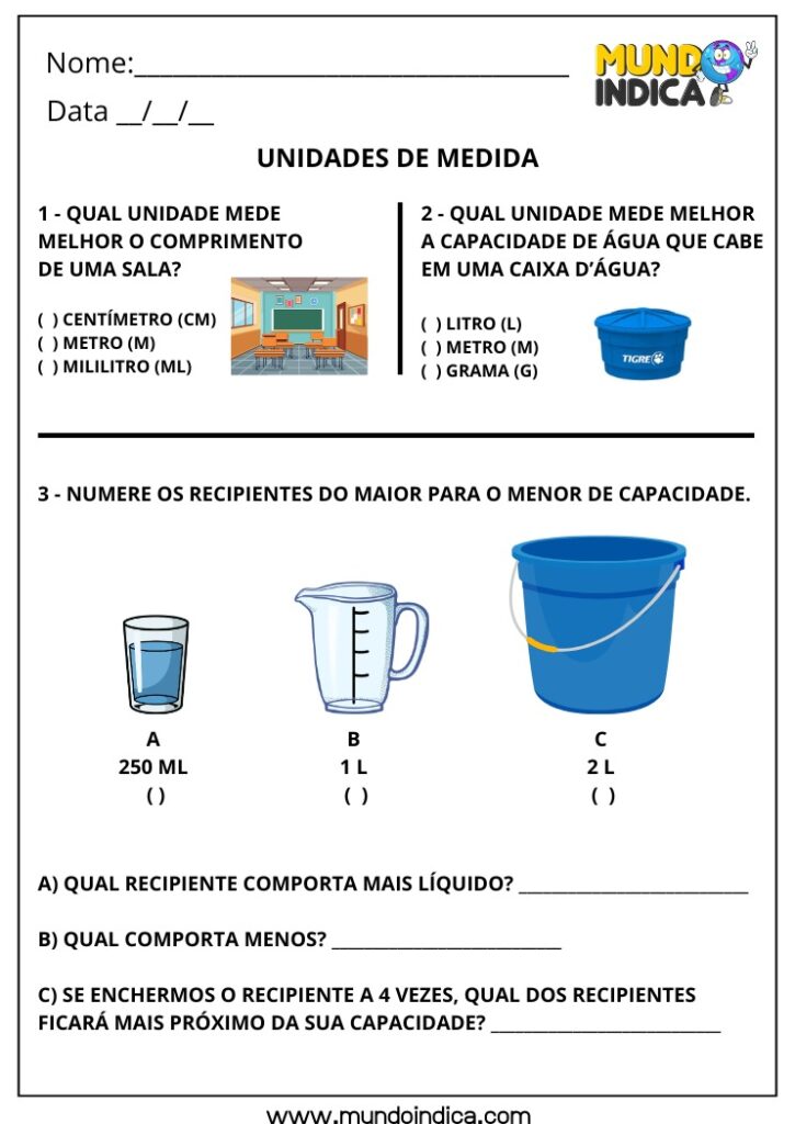 Atividades de Matemática para o 3º ano sobre Unidades de Medida