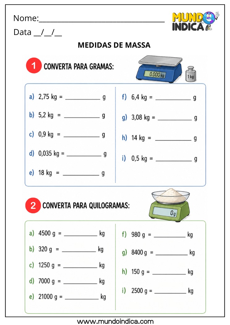 Atividade de Medidas de Massa 4º Ano com Conversão de Quilograma para Grama e Grama para Quilograma BNCC