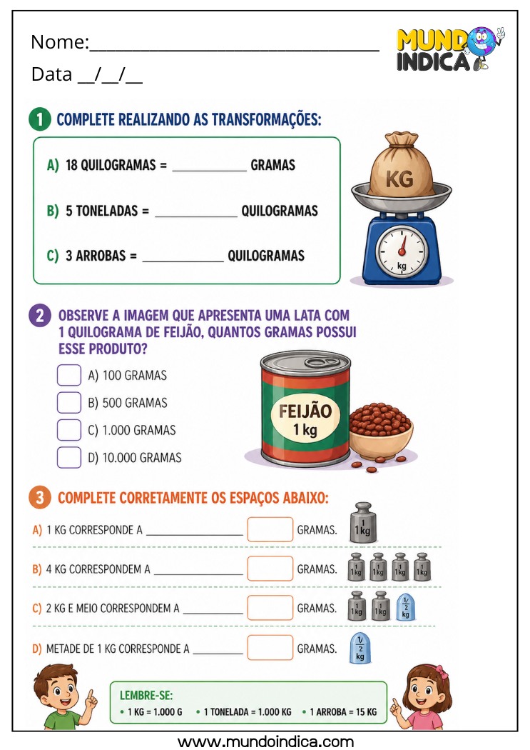 Atividade de Medidas de Massa 4º Ano com Conversão entre Quilograma, Tonelada e Arroba com Exercícios Práticos