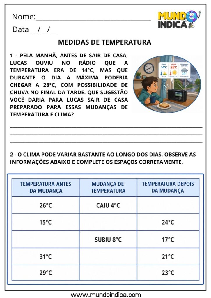 Atividades de Matemática 4º Ano sobre Medidas de Temperatura para ...