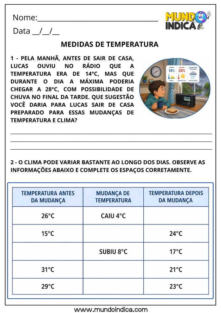 Atividade de Medidas de Temperatura em Grau Celsius para o 4º Ano com Variações e Tabela (BNCC EF04MA23 e EF04MA24)