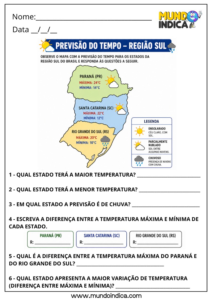 Atividade de Medidas de Temperatura para o 4º Ano com Mapa da Região Sul e Variação de Temperatura (BNCC EF04MA23)