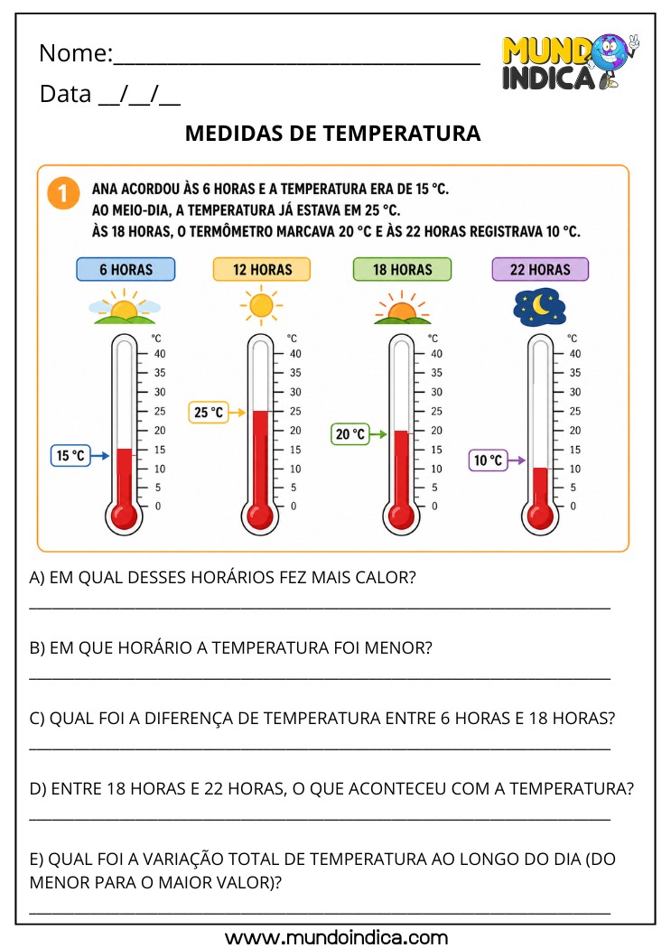 Atividade de Medidas de Temperatura para o 4º Ano para Imprimir com Termômetro e Variação Diária (BNCC)
