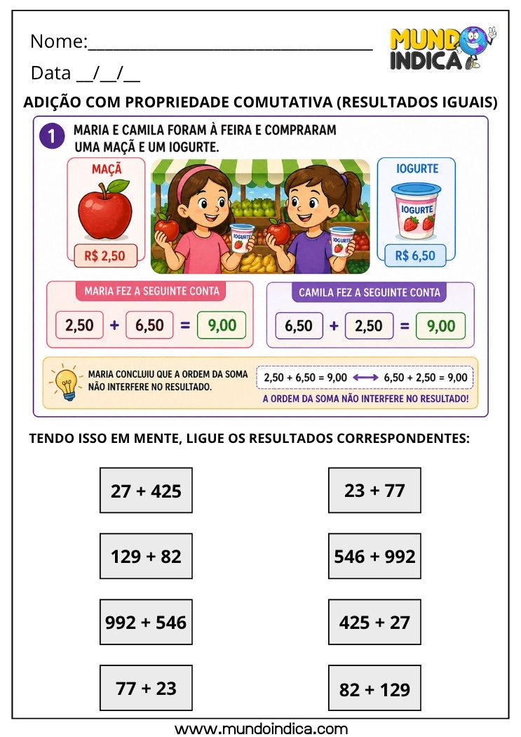 Atividades de Adição para o 4º Ano com Propriedade Comutativa