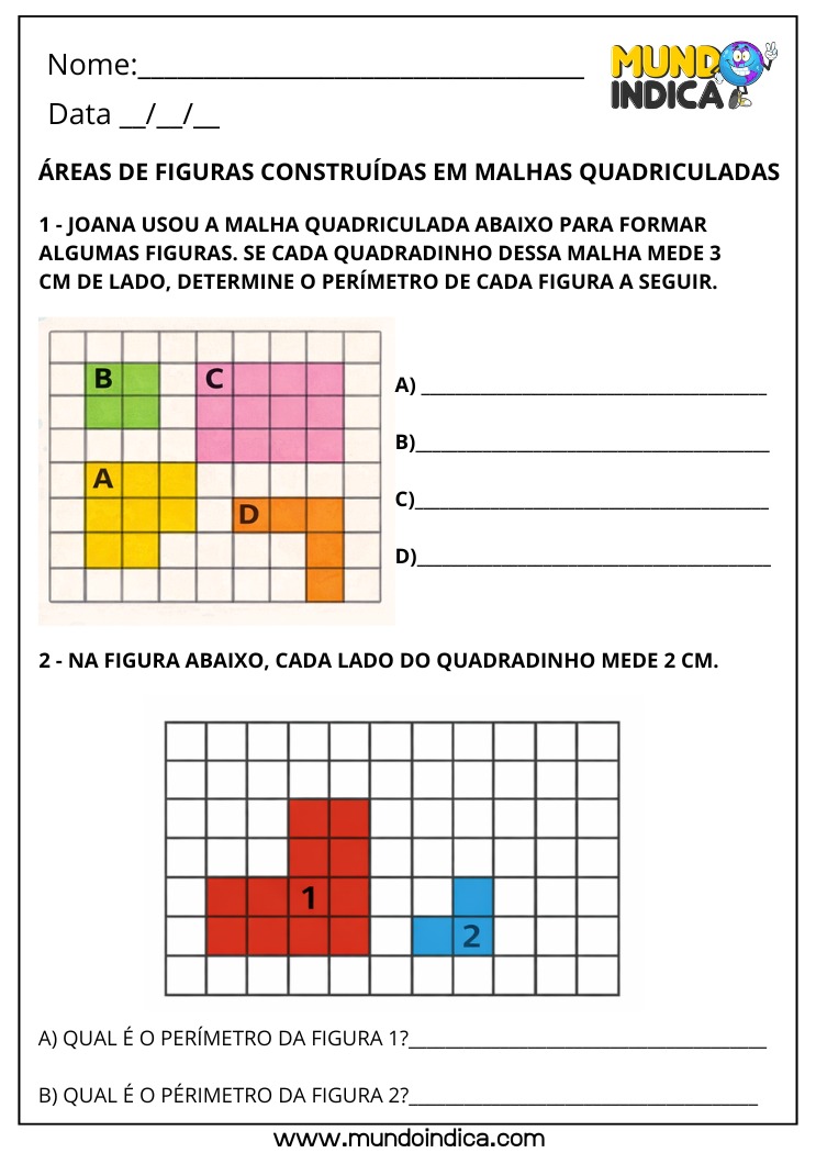 Atividades de Matemática 4º Ano - Áreas de figuras construídas em malhas quadriculadas