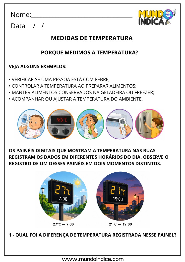 Atividades de Medidas de Temperatura para o 4º Ano para Imprimir com Situações do Cotidiano e Leitura de Painéis