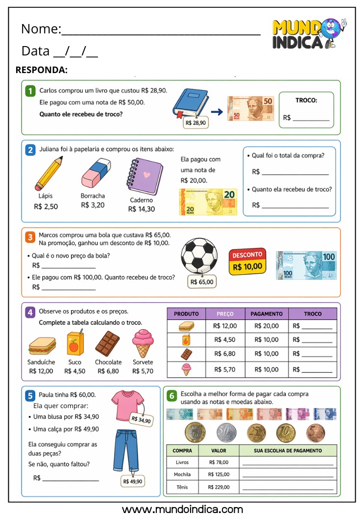 Folha de Atividade de Matemática 4º ano com Exerícios sobre o Sistema Monetário Brasileiro Compra, Venda, Troco e Desconto para imprimir