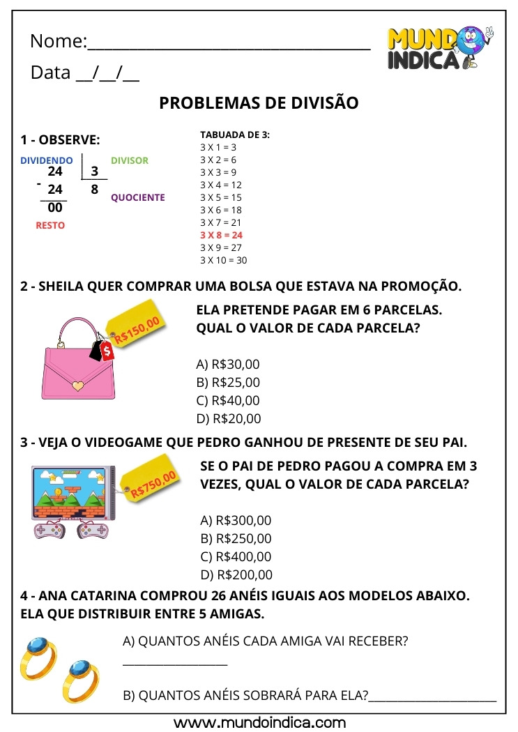 Folha de Atividades de Matemática 3º Ano com Exercícios de Divisão com Problemas do Cotidiano para Imprimir