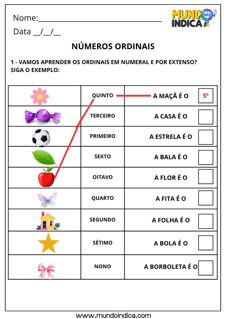 Atividade com Números Ordinais para 1º ano