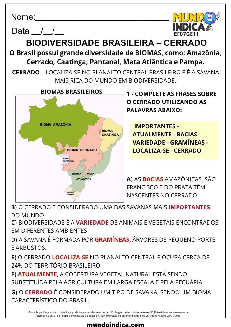 Atividade de Geografia 7º Ano sobre Biodiversidade Brasileira e Bioma Cerrado (EF07GE11)