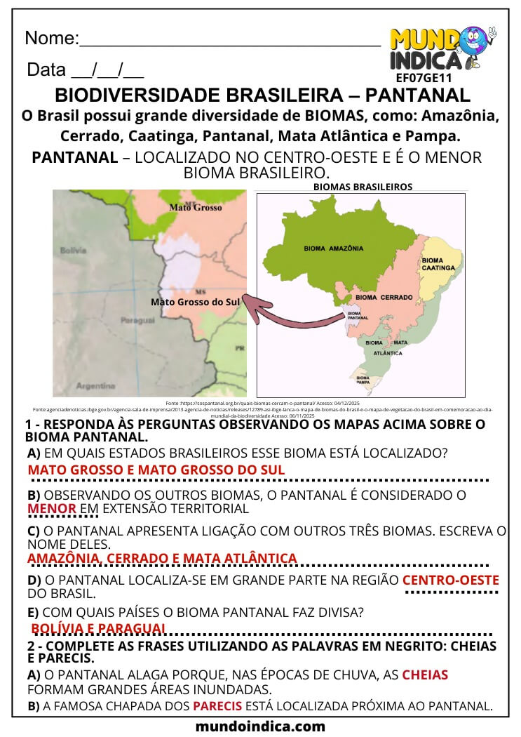 Atividade de Geografia 7º Ano sobre Biodiversidade Brasileira e Bioma Pantanal (EF07GE11)